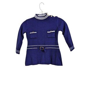 Vintage Knit Sailor Dress Girls Size 5 Navy Blue White Nautical Pocket Mock Neck
